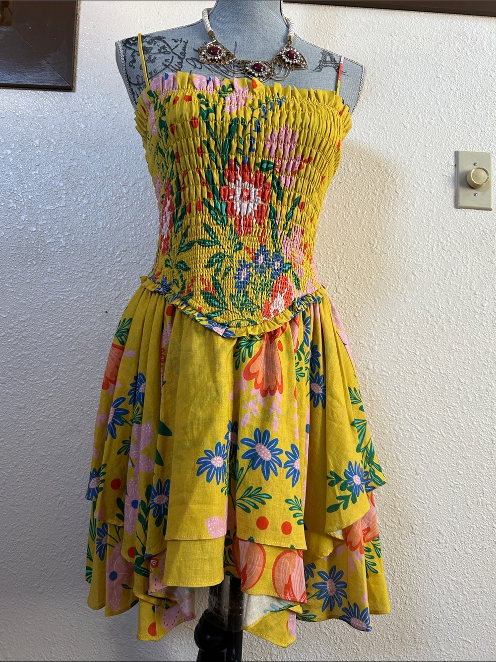 Chelsea & Violet Yellow Floral Smocked Mini Dress